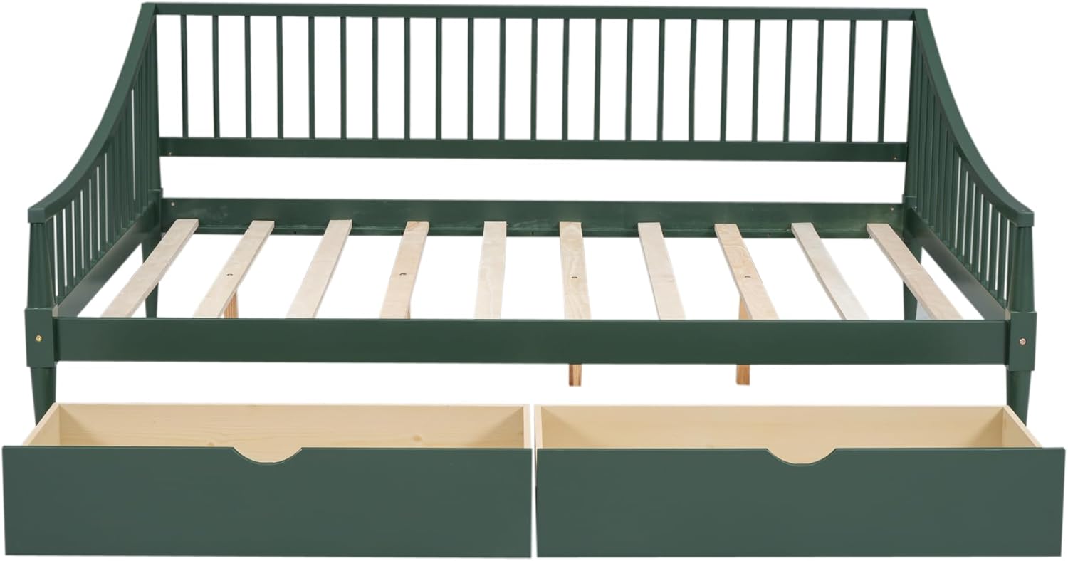 Full Size Wooden Daybed with 2 Storage Drawers and Wood Support Legs, Multi-Functional Full Day Bed wtih Rails on 3 Sides for Bedroom, Living Room and Guestroom, Green - Image 5