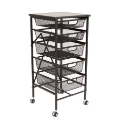 Origami Wheeled Folding Steel 5 Drawer Mesh Storage Kitchen Cart Wood Top Black