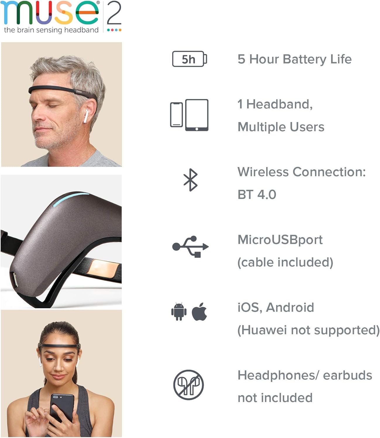 MUSE 2: The Brain Sensing Headband – Meditation Tracker Multi Sensor Headset Device – Responsive Sound Feedback for Brain Wave, Heart, Body & Breath Activity,Black/Grey - Image 5