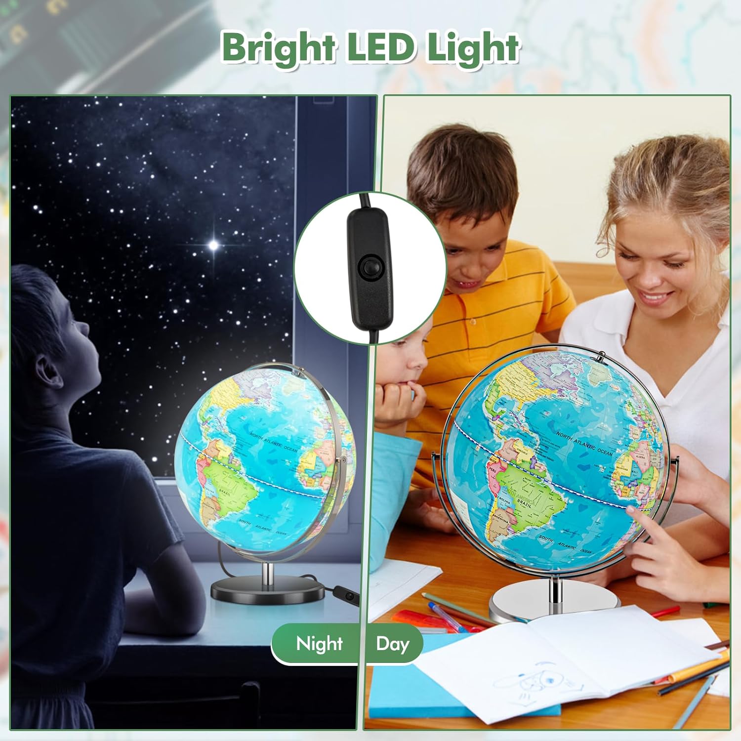 COSTWAY Illuminated World Globe, 13?? Desktop Geographic Globe w/LED Light & Easy-to-Read Clear Map for Students, 720?? Rotation Decorative Globe, Educational Interactive Globe for School, Classroom - Image 4