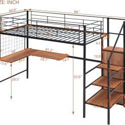 Alternative view of Black Twin Metal Loft Bed W/Desk Lateral Storage Ladder Wardrobe Glam Modern Contemporary Unisex Space MDF Finish Handmade Headboard Included