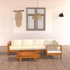 fashionable Furniture Sets 6 Piece Patio Lounge Set with Cream White Cushions Acacia Wood Outdoor Tables for Conversation Dining Outdoor Side Table White