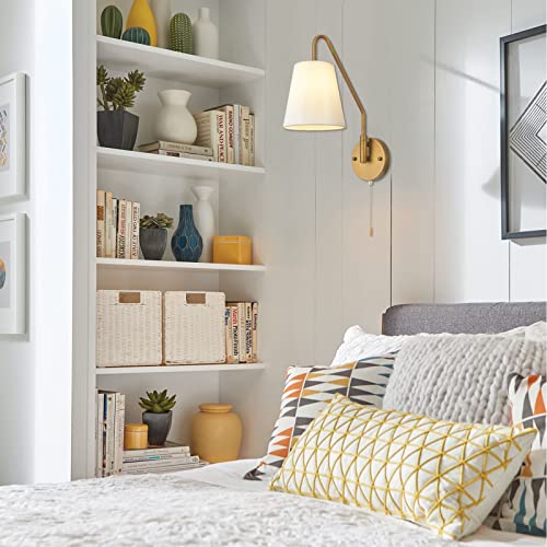 PASSICA DECOR Hardwired Wall Sconces Set of Two 2 Pack with Pull Chain ON Off Matte Black Swing Arm Lighting Modern Vintage Lamp Industrial White Fabric Wall Light for Bedroom Farmhouse Living Room - Image 4