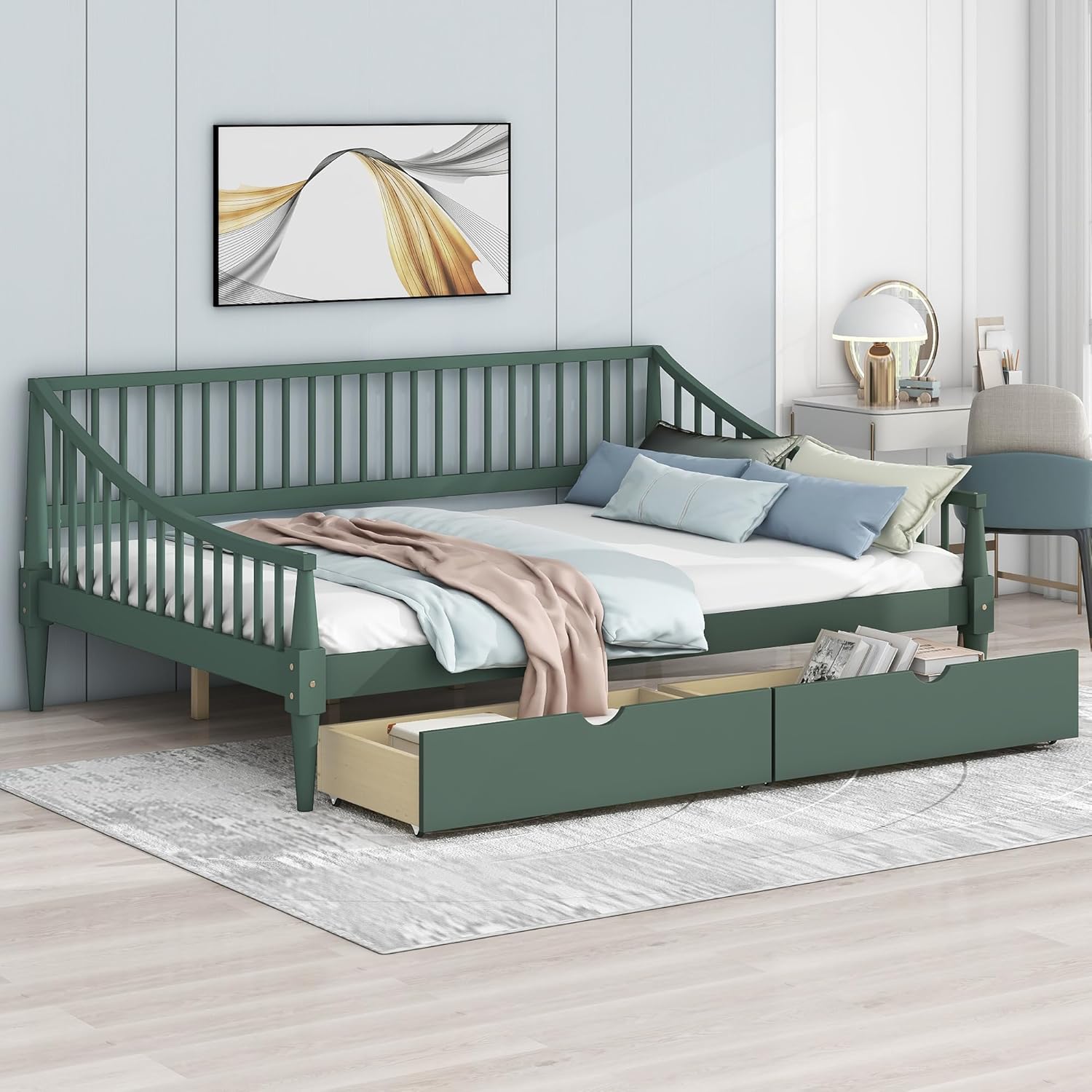 Full Size Wooden Daybed with 2 Storage Drawers and Wood Support Legs, Multi-Functional Full Day Bed wtih Rails on 3 Sides for Bedroom, Living Room and Guestroom, Green - Image 4