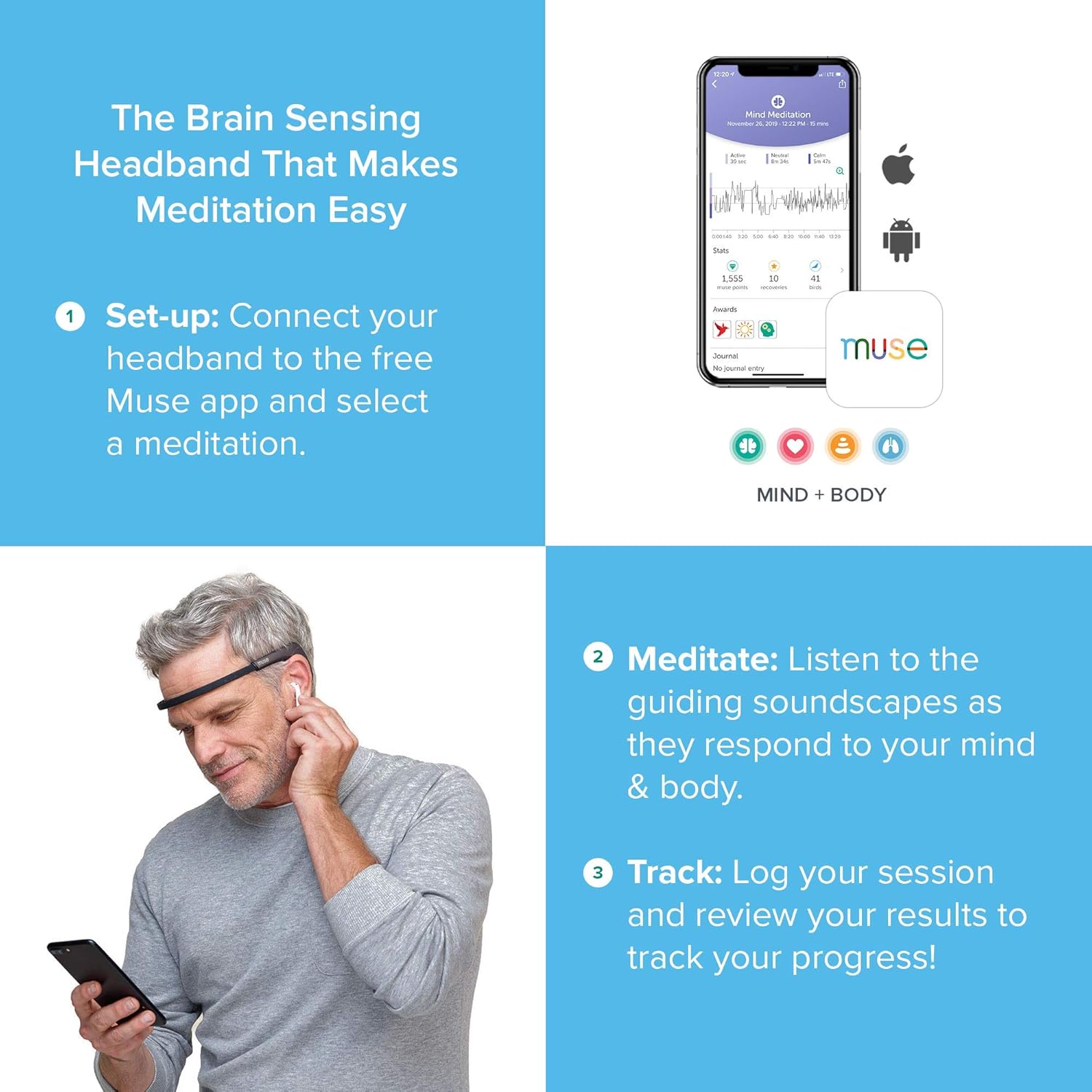 MUSE 2: The Brain Sensing Headband – Meditation Tracker Multi Sensor Headset Device – Responsive Sound Feedback for Brain Wave, Heart, Body & Breath Activity,Black/Grey - Image 2