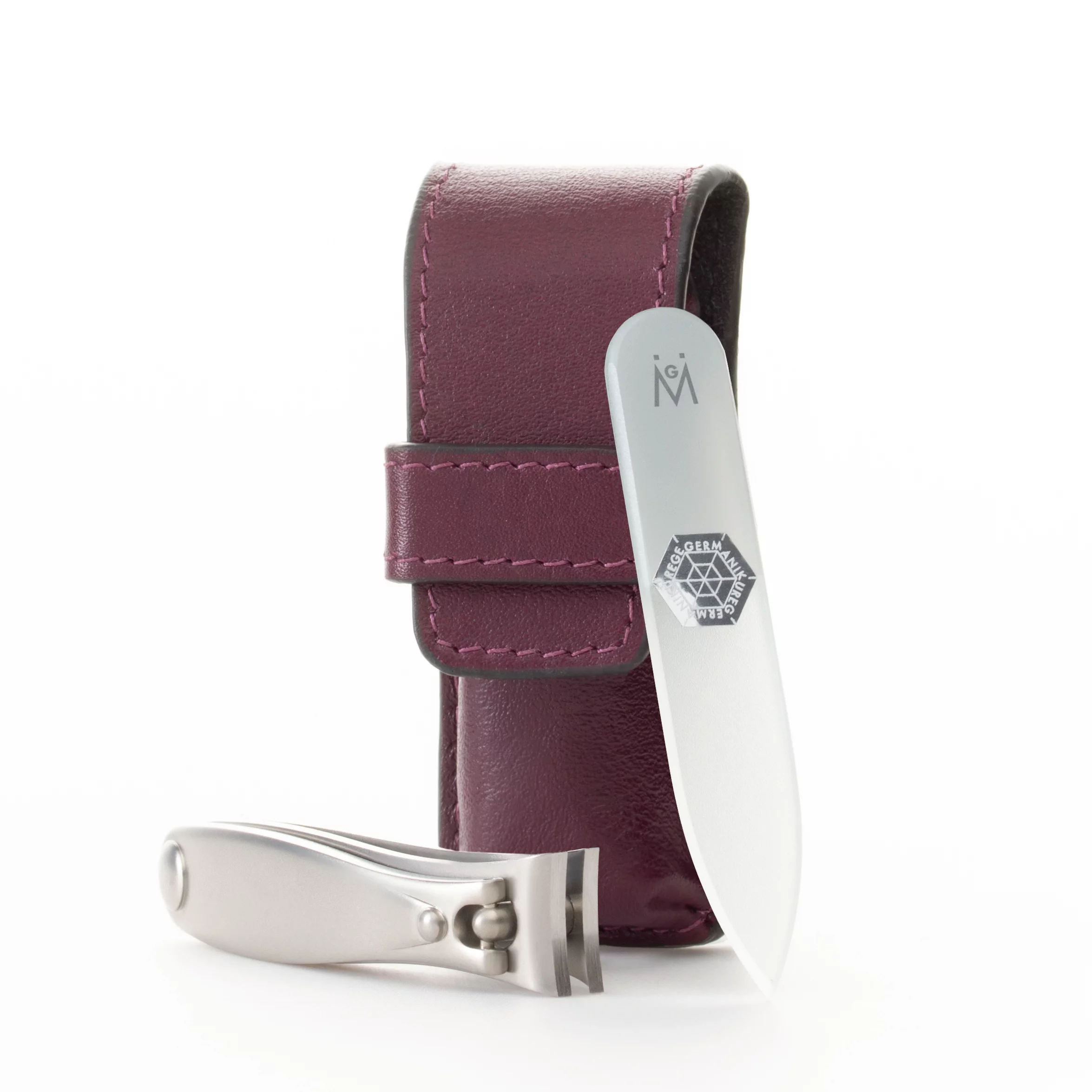 GERMANIKURE Nail clipper and Glass Nail File Set in Purple Leather Case – Made in Solingen Germany of FINOX Stainless Steel, Glass Nail Care Supplies Made in Czech Republic