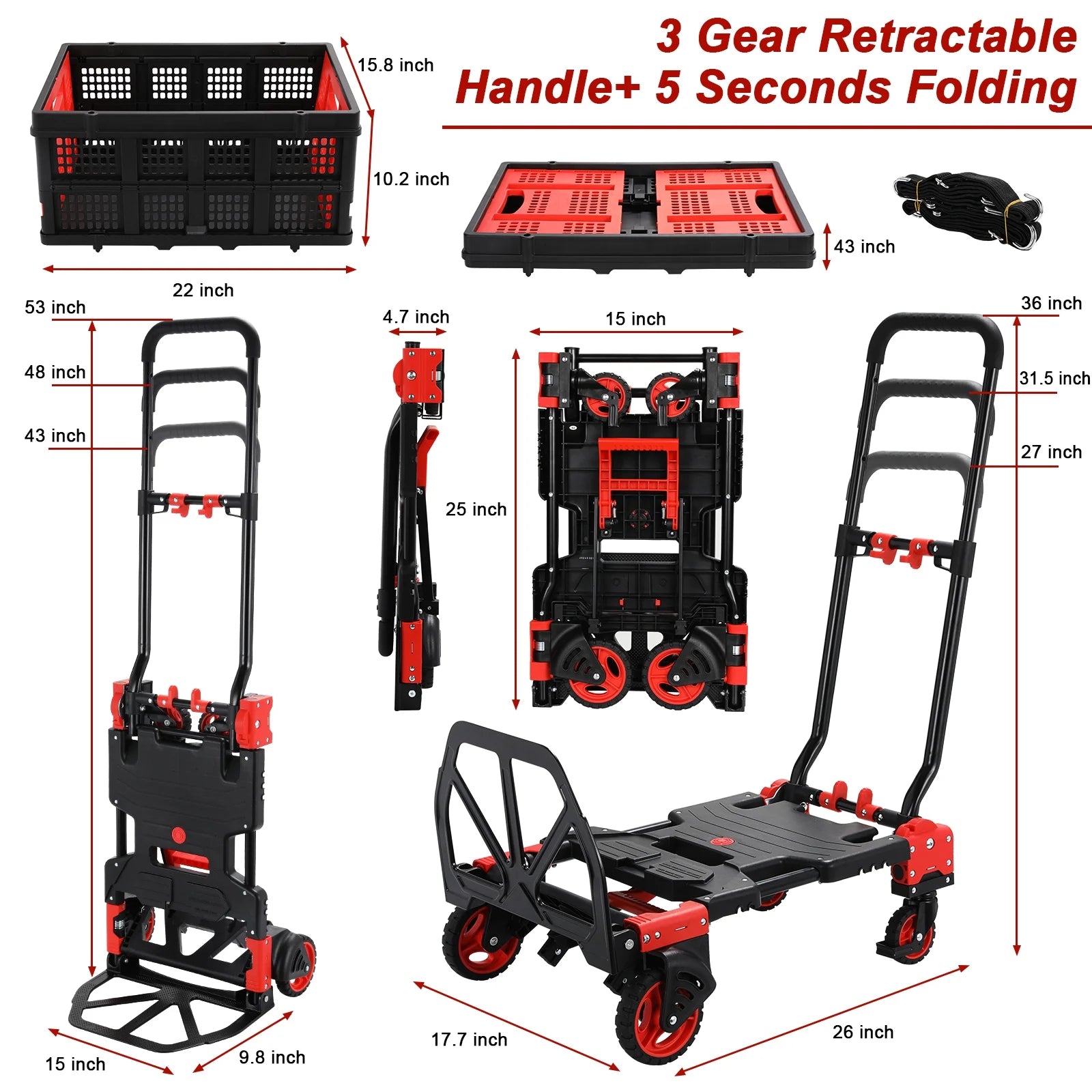 LAZY BUDDY Folding Hand Truck Dolly, 2-in-1 Heavy-duty Platform Cart with 22 Folding Basket, Collapsible Utility Luggage Dolly Cart, Red, 330LBS - Image 3