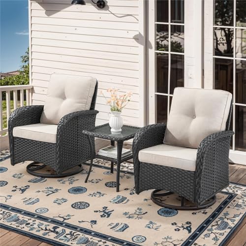 Patio Wicker Chairs Swivel Rocker – Outdoor Swivel Rocking Chairs Set of 2 with Rattan Side Table, Patio Swivel Glider Chair 3 Piece Patio Furniture Sets for Deck Porch Pool Brown/Blue - Image 68